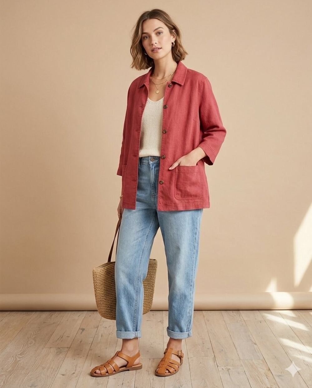 French Laundry Chore Jacket Shirt Red Lyocell Tencel Womens Size Large
